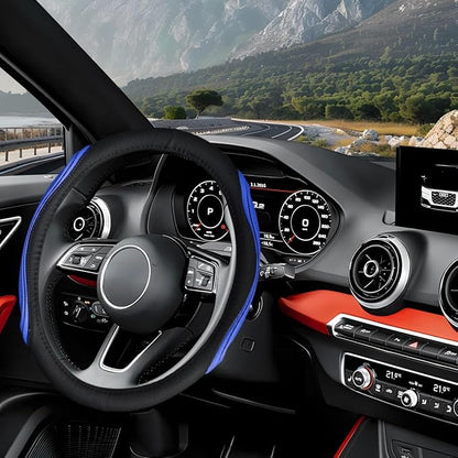 Osilly 15 Inch Car Leather Steering Wheel Cover, Automotive Accessories Elastic Breathable Anti-Slip Soft Wheel Protector Fits Men and Women, Suitable for SUVs, Trucks, Vehicles and RVs (Black/Blue)