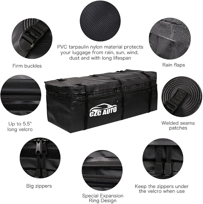 CZC AUTO Expandable Hitch Cargo Carrier Bag 9.5 cu. ft Extends to 11.6 cu. ft, Waterproof/Rainproof/Weatherproof, for Car Truck SUV Vans' Hitch Trays Hitch Baskets, Safe Steady Durable Soft Black