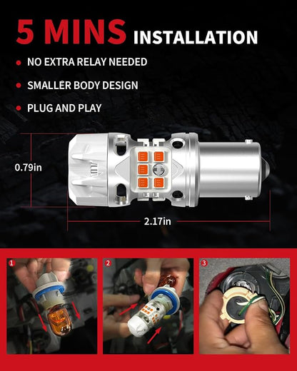 LASFIT T3 1156 LED Bulb Amber Turn Signal Built In Resistor 7506 CANBUS Ready Error Free New 500% Bright Blinker 4000LM Light 1156A P21W 1141 1003 BA15S Front Rear Anti Flicker Hyper Flash (2pcs)