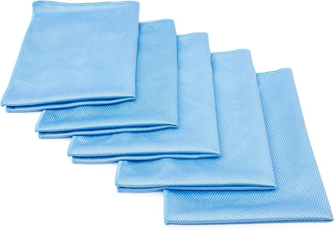 The Rag Company - Diamond Weave Glass & Window - Detailing Towels to Polish Mirrors & Chrome, Snakeskin Like Texture, Lint-Free, Streak-Free, 280gsm, 16in. x 24in, Light Blue (5-Pack)