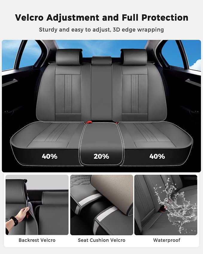 Huidasource Gray Rear Seat Cover, Luxury Faux Leather Back Seat Car Cover, Velcro Adjustable, Compatible with Child Seat, Perforation Cooling＆Heating, Universal Fit for Most Cars Vans Trucks SUVs Gray