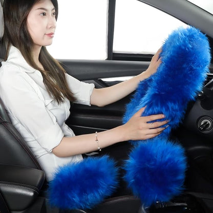Fuzzy Genuine Sheepskin Steering Wheel Cover Set for Women Parents-Fluffy Soft Australian Merino Wool Wrap with Gear Shift and Hand Brake Covers, Cozy Stylish Luxury Car Accessories (Blue)
