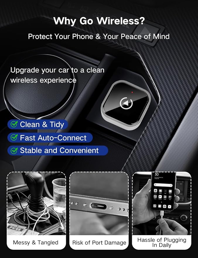 Wireless CarPlay Adapter for iPhone and Android Auto, 2-in-1 Convert Wired to Wireless Car Play Adapter, Plug and Play, No Latency, Fast and Stable Auto Connect, with USB/USB-C
