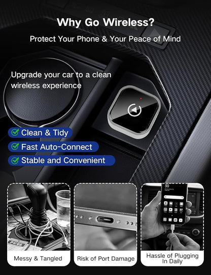 Wireless CarPlay Adapter for iPhone and Android Auto, 2-in-1 Convert Wired to Wireless Car Play Adapter, Plug and Play, No Latency, Fast and Stable Auto Connect, with USB/USB-C