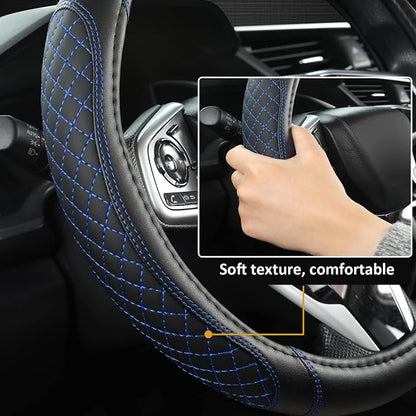 West Llama Customized Auto Car Steering Wheel Cover for Toyota Rav4 Corolla Camry Highlander(Diamond Quilted-Black+Blue-Standard Size)