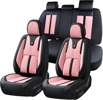 Huidasource Seat Covers Full Set Luxury Nappa Leather, Seat Covers with Velcro Adjustable, Airbag, Lumbar Support, Cooling＆Heating, Car Seat Cover Set Universal Fit for Most Cars SUV Trucks Black＆Pink