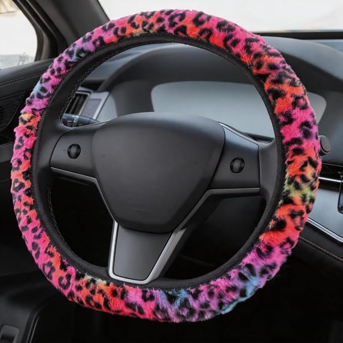 Cheetah Fuzzy Steering Wheel Cover, Girly Steering Wheel Cover, Cute Fluffy Furry Leopard Wheel Protector, Women Girl Car Christmas Decor Fit D-Shape O-Shape 14.5" to 15"
