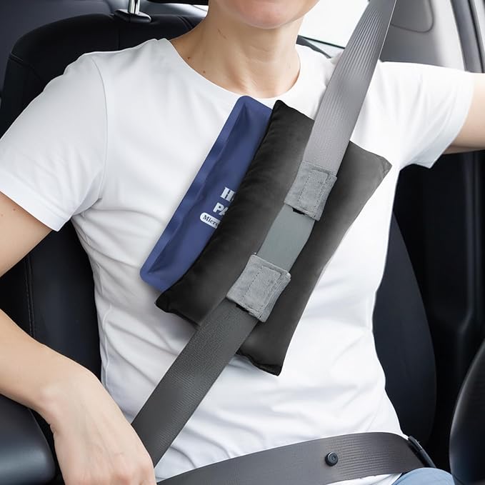 Post Surgery Seat Belt Pillow with Ice Pack, Seatbelt Cushion for Mastectomy, Heart Surgery, C-Section & Hysterectomy Recovery, Chemo Port Protector, Seatbelt Pad with Pocket(Black)