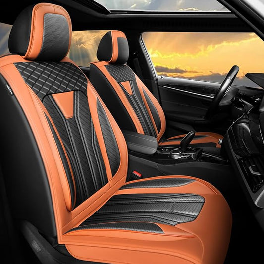 Fit Patriot Car Seat Covers for Jeep Patriot 5 Seats 2007-2016 2017 -Premium Leather, Waterproof & Breathable，All-Weather Seat Cushion Protecto & Airbag Compatible, Full Set Orange & Black