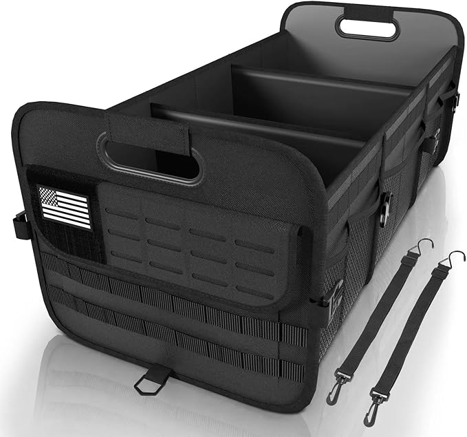 Sposuit Car Trunk Organizer for SUV - 105L Collapsible Tactical MOLLE Car Storage with Reinforced Handles & Multiple Pockets, Sturdy Trunk Organizers for Groceries, Tools & Outdoor Storage (Black)
