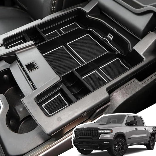 Center Console Organizer for 5th Gen 2025 2024-2019 Ram 1500 2500 3500(Full Console w/Bucket Seats Only), ABS Storage Box, Middle Console Tray Organizer, Insert Container Pallet-White