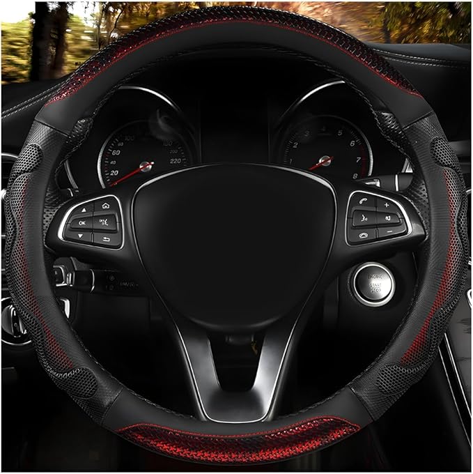 Car Steering Wheel Cover, 15 Inch Anti-Slip Steering Wheel Cover Protector with 3D Honeycomb Design, Universal Steering Wheel Covers for Truck SUV, Car Accessories (Red, Round Shape)