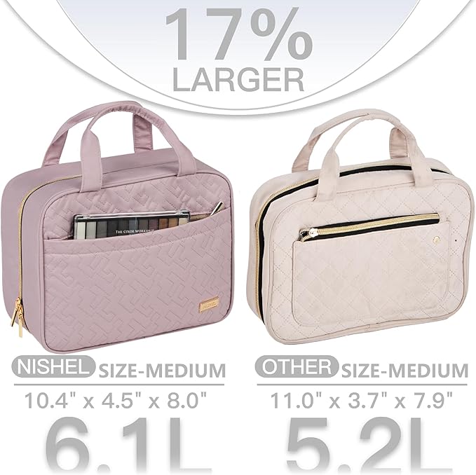 NISHEL Travel Toiletry Bag for women, Portable Hanging Organizer for Travel-Sized Shampoo, Conditioner, Brushes Set, Makeup Accessories, Medium Size, Peach Pink