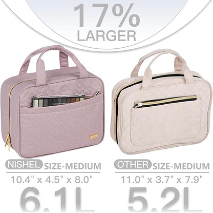 NISHEL Travel Toiletry Bag for women, Portable Hanging Organizer for Travel-Sized Shampoo, Conditioner, Brushes Set, Makeup Accessories, Medium Size, Peach Pink