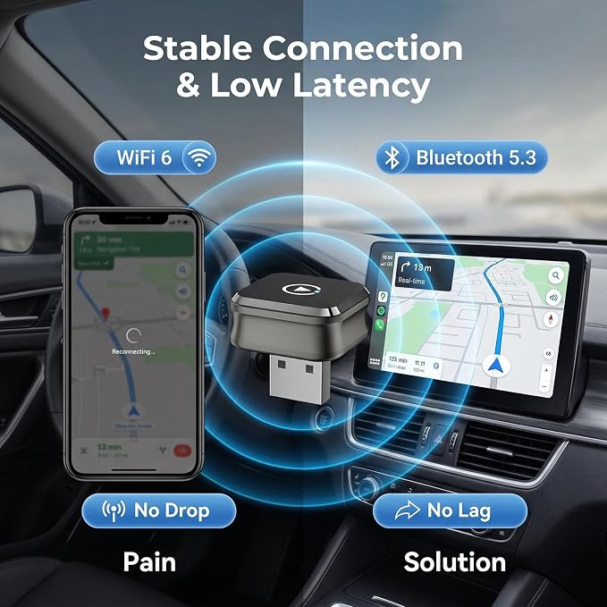 Wireless CarPlay Adapter, 2-in-1 for Android Auto, Gunmetal | Skip the phone cable after setup and use factory-wired CarPlay or Android Auto wirelessly on daily drives