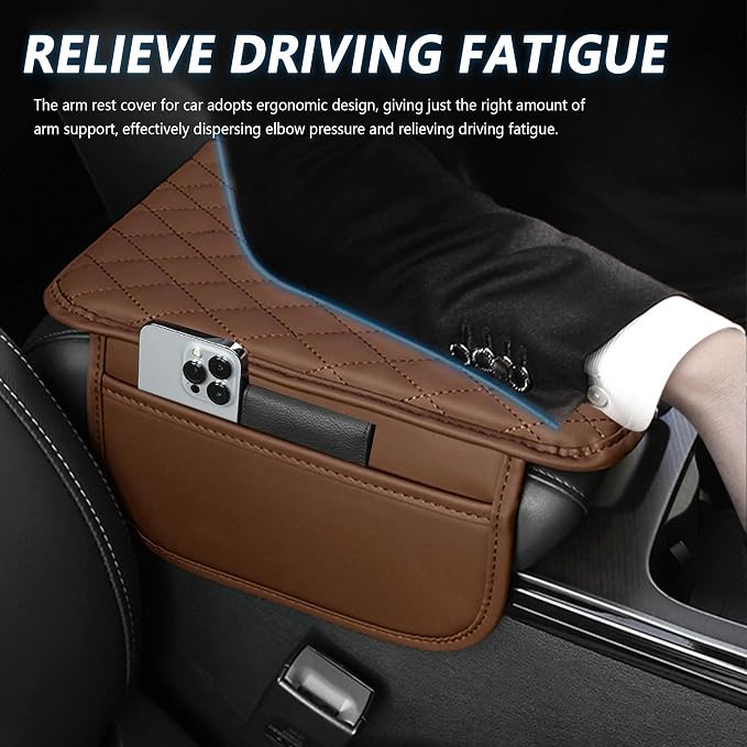 Stacool Upgraded Car Center Console Cover,Microfiber Leather Car Armrest Cover Cushion with 2 Storage Bags,Universal Car Armrest Storage Box (Brown)