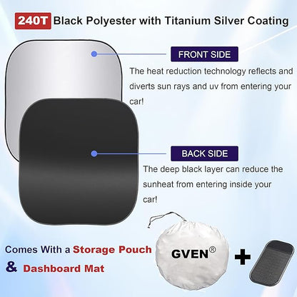 Gven Windshield Sun Shade 2pcs with Bonus Car Sunshade for Front Window Shades 2025 Technology Reflect UV and Heat Sun Visor Automotive Interior Sun Protection (Silver, S)