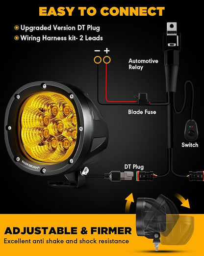Auxbeam 4 Inch Amber Round LED Driving Light, 2PCS 90W 9000LM Yellow Fog Pods Light Bar Off-Road Flood Work Energy-Efficient Lights with DT Plug Wiring Harness Kit for Truck Jeep Pickup ATV UTV SUV