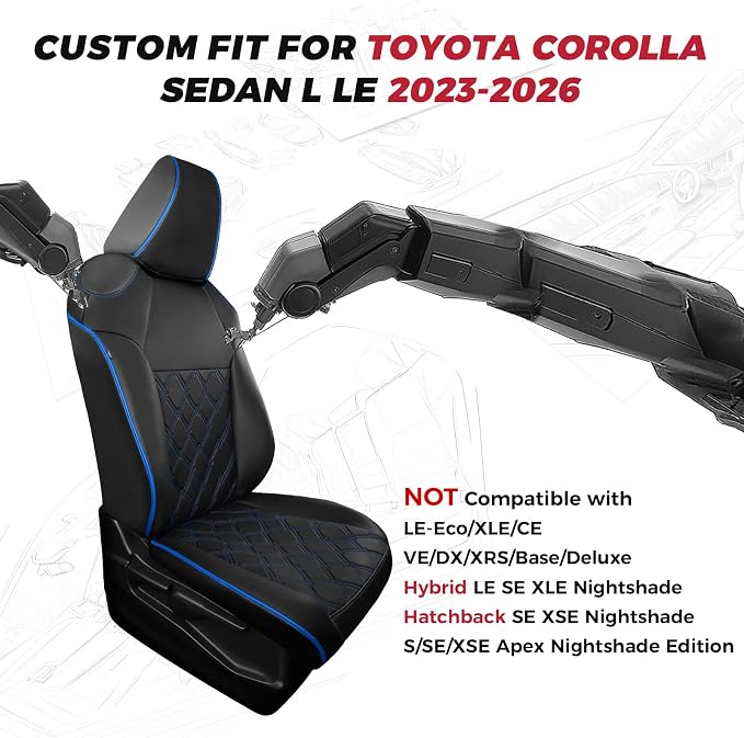 FREESOO for Toyota Corolla Seat Covers LE 2023 2024 2025 2026, Custom Fit Car Seat Covers Full Set, Waterproof Car Seat Cover Protector, Luxury Leather Seat Covers for Cars, Black Blue Full Set