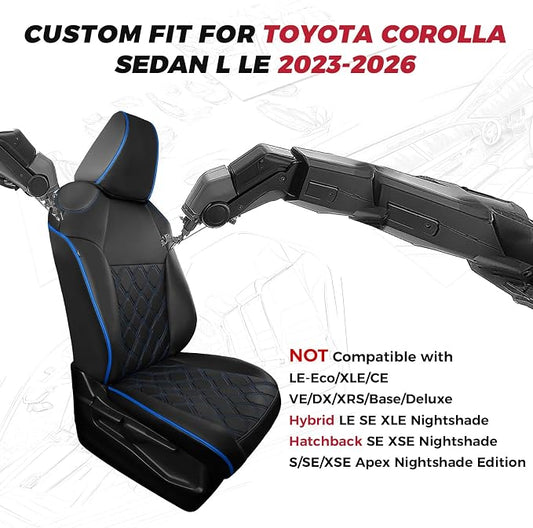 FREESOO for Toyota Corolla Seat Covers LE 2023 2024 2025 2026, Custom Fit Car Seat Covers Full Set, Waterproof Car Seat Cover Protector, Luxury Leather Seat Covers for Cars, Black Blue Full Set