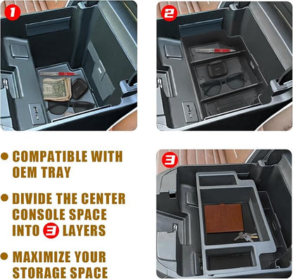 Muslogy Center Console Organizer Compatible with 2022-2026 Chevy Silverado/GMC Sierra 1500, 2024-2026 Silverado & Sierra 2500 3500HD Armrest Storage - Full w/Bucket Seats ONLY(Console Tray&Mats Set)