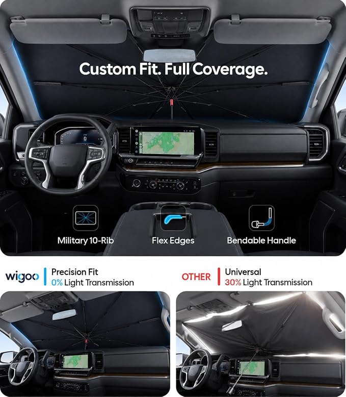 Wigoo Windshield Sun Shade Umbrella for Chevrolet Silverado 1500 2019-2026 [100% Sun Blockage, Ice Cooling Fabric] Foldable Front Window Sunshade Umbrella for Chevrolet Silverado 1500 2019-2026
