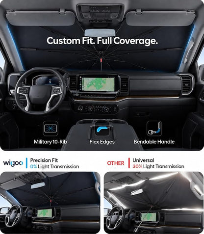 Wigoo Windshield Sun Shade Umbrella for Chevrolet Silverado 1500 2019-2026 [100% Sun Blockage, Ice Cooling Fabric] Foldable Front Window Sunshade Umbrella for Chevrolet Silverado 1500 2019-2026