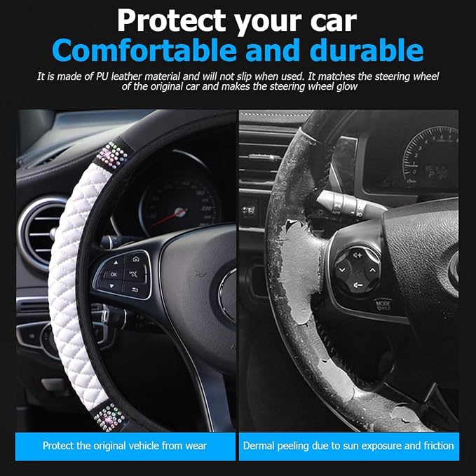 Osilly Bling Car Steering Wheel Cover, 15 Inch Rhinestones Soft Leather Elastic Steering Wheel Protector, Sparkly Crystal Diamond for Women Girls (White)