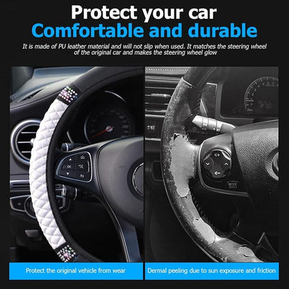 Osilly Bling Car Steering Wheel Cover, 15 Inch Rhinestones Soft Leather Elastic Steering Wheel Protector, Sparkly Crystal Diamond for Women Girls (White)