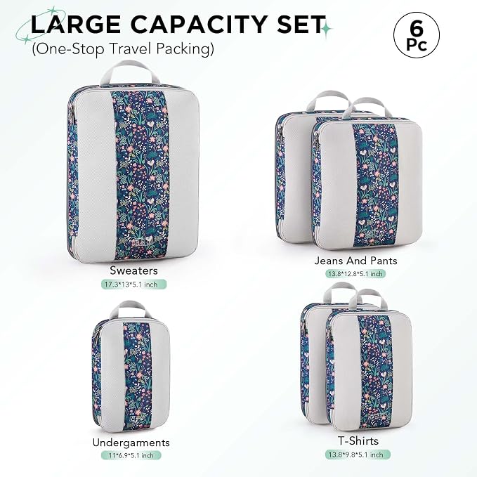 OlarHike 6 Set Compression Packing Cubes for Travel Essentials,Compressible Expandable Space Saver Bags for Organizing Clothes,Luggage Garment Bags with Over 1000 pcs Mesh Holes(Dark Blue Floral)