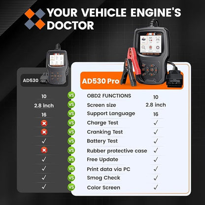 ANCEL AD530 PRO OBD2 Scanner and Battery Tester for Mechanics & Drivers | Check Engine Light, Battery Health Test, Cranking & Charging Test, Live Data Diagnostics Tool for 1996+ Cars & Motorcycles