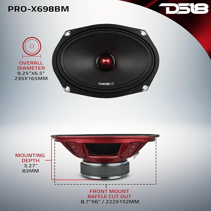 DS18 PRO-X698 BM Loudspeaker - 6x9", Midrange, Red Aluminum Bullet, 400W Max, 200W RMS, 8 Ohms - Premium Quality Audio Door Speakers for Car,Truck and Motorcycle Stereo Sound System (1 Speaker)