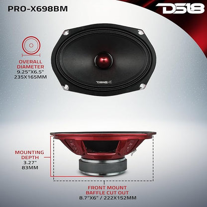 DS18 PRO-X698 BM Loudspeaker - 6x9", Midrange, Red Aluminum Bullet, 400W Max, 200W RMS, 8 Ohms - Premium Quality Audio Door Speakers for Car,Truck and Motorcycle Stereo Sound System (1 Speaker)