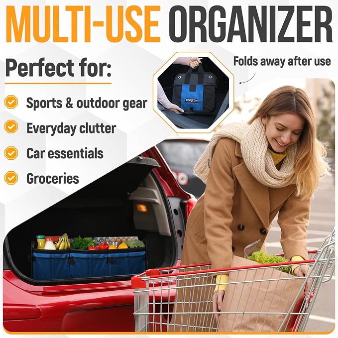 FORTEM Trunk Organizer with Cooler For SUV Car Organizer and Storage, Collapsible Multi-Compartment, Perfect Christmas Gifts For Men, Women, 1680D Oxford, Non Slip Bottom, Straps, Soft Cover 110L