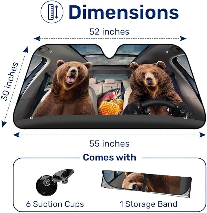GENANY Bear Couple Funny Windshield Sun Shade for Car SUV Truck (55x30 Inches),Sun Shade Windshield, Shades for Windows, Protector Blocks UV, Spring Car Decor