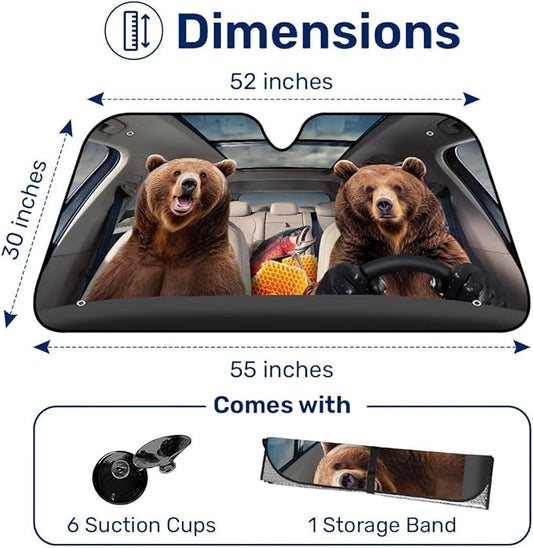 GENANY Bear Couple Funny Windshield Sun Shade for Car SUV Truck (55x30 Inches),Sun Shade Windshield, Shades for Windows, Protector Blocks UV, Spring Car Decor