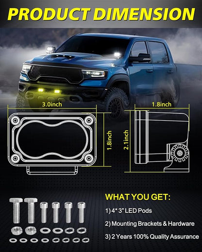 LED Pods, AKD Part 4Pcs 3" 80W Spot CREE LED Pod Lights Small Off Road Driving Lights Fog Ditch Lights for Trucks Motorcycle UTV ATV SUV Dirt Bike - White & Yellow