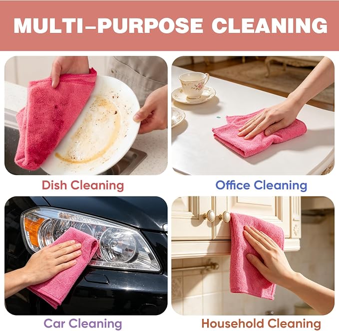 TEAWOO 10 PCS Pink Microfiber Cleaning Cloths, Highly Absorbent Microfiber Towels for Car, Kitchen, Bathroom and Household Cleaning, 11.8" X11.8