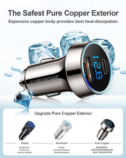 [Pure Copper] USB C Car Charger, SUPERONE 45W Dual USB Car Charger Adapter with 27W/20W PD Port, Fast QC3.0 LED Voltmeter for iPhone 17 16 15 14 Max/Pro/Plus/Mini, Pixel 9/8/7, Samsung S25/S24 More