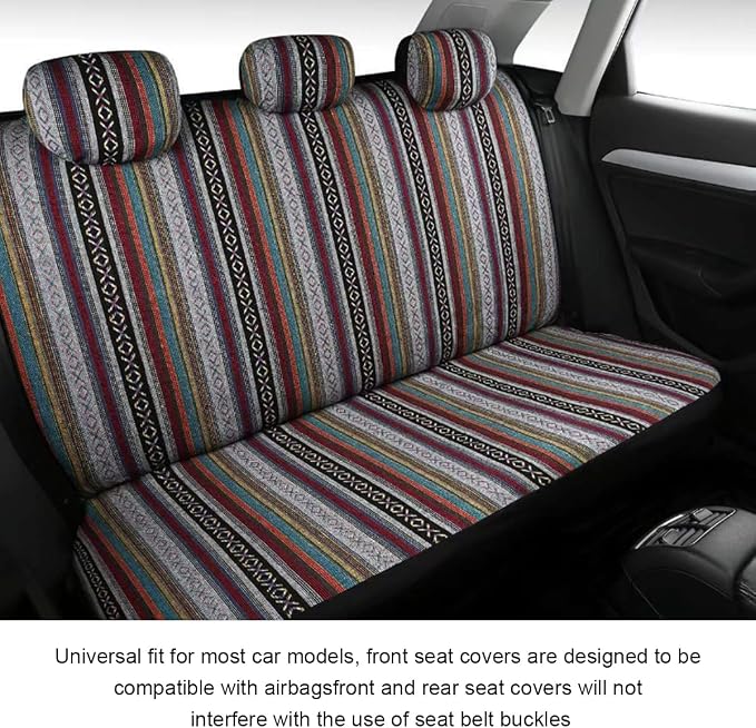 10 PCS Baja Saddle Blanket Car Seat Covers, Full Set Breathable Striped Woven Auto Seat Protector, Hippie Boho Airbag Compatible Seats Covers for Most Cars, SUVs, Trucks