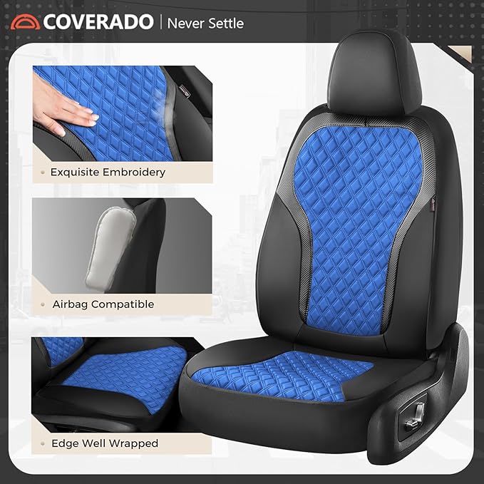 Coverado Automotive Seat Covers, Front Leather Car Protectors 2-Pack, Spill-Proof Seamless Car Seat Cushion, Black&Blue Car Seat Cover, Driver Seat Covers Universal Fit for SUV, Truck, Sedan