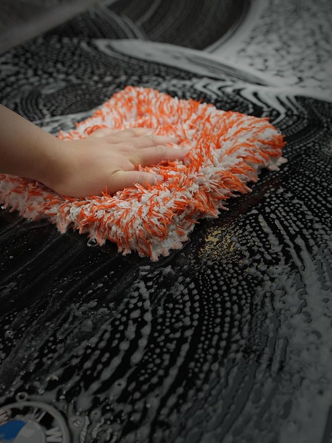 Microfiber Wash Pad, SPTA 3Pcs Ultra Wheel Pad Perfect for Wheels, Grills, and Tight Areas; Proprietary Microfiber Blend; Easily Releases Contaminates Upon Rinsing, 8.5in x 9.8in, Black/Orange-MT023B3