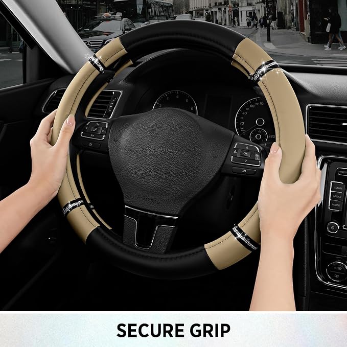 Road Comfort Leather Steering Wheel Cover – Premium Anti-Slip Car Steering Wheel Grip Cover – Universal Fit for 14.5”–15” Cars, Trucks & SUVs - Beige