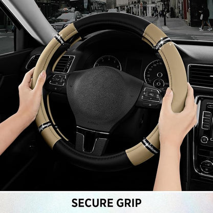 Road Comfort Leather Steering Wheel Cover – Premium Anti-Slip Car Steering Wheel Grip Cover – Universal Fit for 14.5”–15” Cars, Trucks & SUVs - Beige