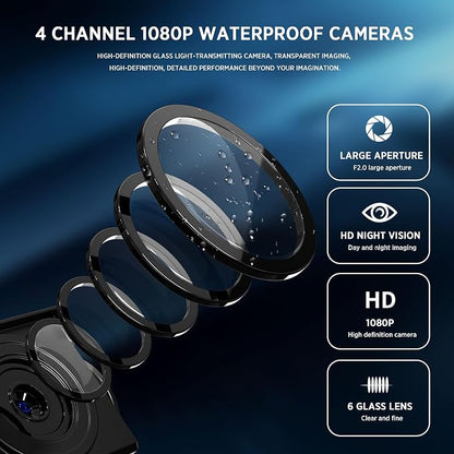 4K Backup Camera 4CH Dash Cam 10.36" Quad Split Touch Screen & 4 AHD Front Rear Sides View Camera w/DVR Recording Music Video Playback Avoid Blind for RV Semi Trailer Truck Van