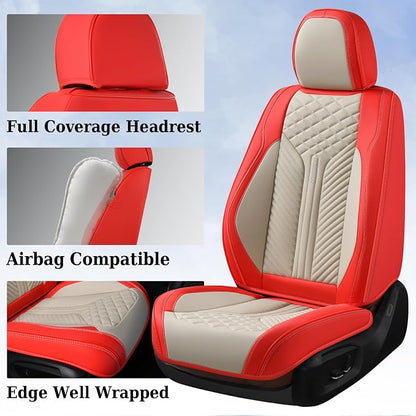 Coverado Leather Car Seat Covers Full Set, 5 Seats Seat Covers for Cars, Waterproof Car Seat Cushions, Front and Rear Seat Protectors Universal Fit Most Vehicles (Red&Beige)