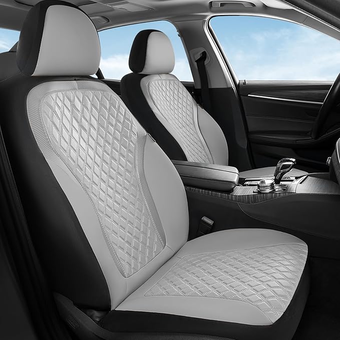 Coverado Car Seat Covers for Front Seats, Luxury Diamond Leather Car Seat Cover with Carbon Fiber Weave, Waterproof Automotive Seat Protectors 2-Pack, Driver Seat Covers Universal Fit Most Cars,Gray