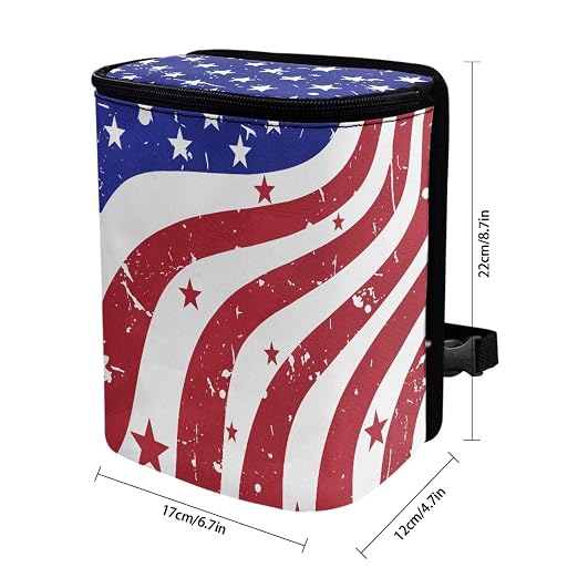 Talayituse Retro American Flag Print Car Trash Bin, Large Size Auto Trash Can Adjustable Portable Garbage Can with Lid, 4th of July Decor Vehicle Hanging Bag for Headrest Front Back Seat