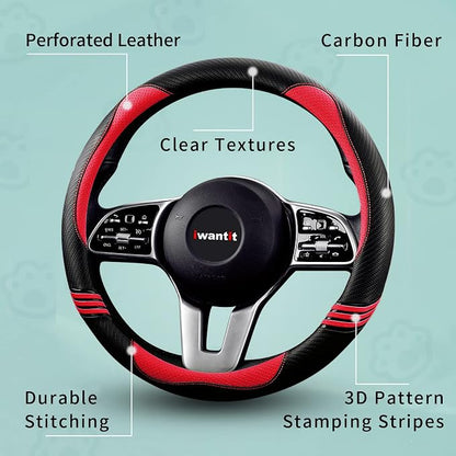Iwantit® Premium Grip Steering Wheel Cover with Anti-Slip Rubber Ring, Made of Carbon Fiber & Breathable PU Leather, Universal Fit for 14.5-15 Inch Car and SUV (Passion Red)