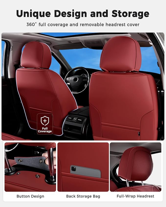 Huidasource Red Seat Covers Luxury Nappa Leather, Car Seat Covers with Velcro Adjustable, Airbag, Lumbar Support, Cooling ＆ Heating, Automotive Seat Covers Universal Fit for Most Cars SUV Trucks, Red